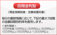 段階金利型(預金保険制度) 毎日の最終残高に応じて、下記の最大7段階の金額段階別利率を適用します。
<金利階層>
10万円未満/10万円以上/30万円以上/50万円以上/100万円以上/300万円以上/1,000万円以上