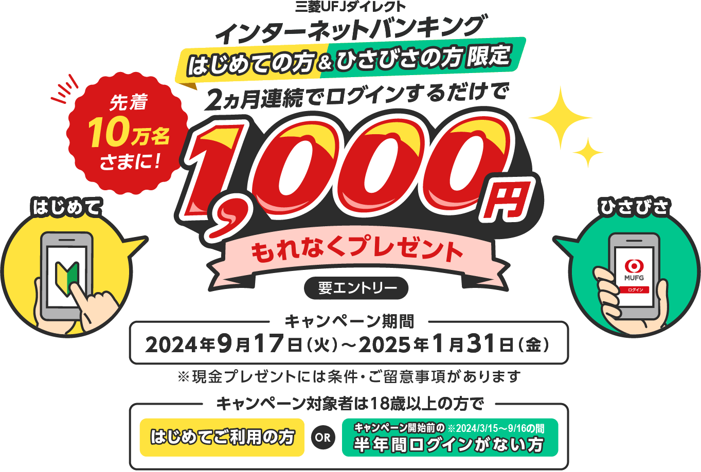 三菱ＵＦＪダイレクト インターネットバンキング はじめての方＆ひさびさの方限定 2ヵ月連続でログインするだけで先着10万名さまに！1,000円もれなくプレゼント 要エントリー キャンペーン期間2024年9月17日（火）～2025年1月31日（金）※現金プレゼントには条件・ご留意事項があります キャンペーン対象者は18歳以上の方ではじめてご利用の方ORキャンペーン開始前の半年間ログインがない方※2024年3月15日～9月16日の間 ※本キャンペーンでは（株）アスマークのエントリーフォームを利用しています。