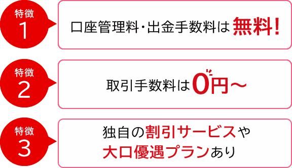 特徴1 口座管理料・出勤手数料は無料! 特徴2 取引手数料は0円~ 特徴3 独自の割引サービスや大口優遇プランあり