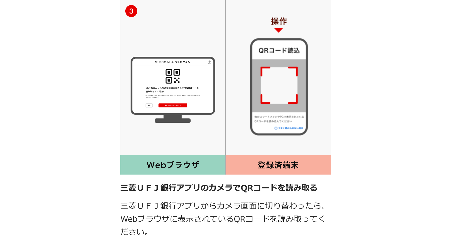 三菱UFJ銀行アプリのカメラで再度QRコードを読み取る 三菱UFJ銀行アプリのカメラに切り替わるので、もう一度QRコードを読み取ってください。