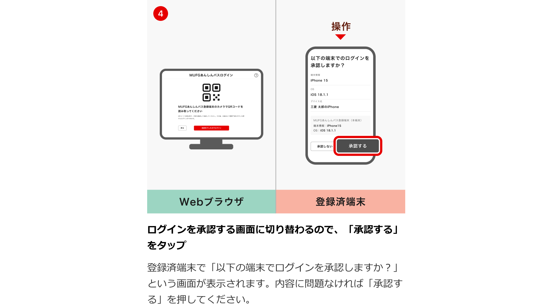ログインを承認する画面に切り替わるので、「承認する」をタップ 登録済端末で「以下の端末でログインを承認しますか？」という画面が表示されます。内容に問題なければ「承認する」を押してください。