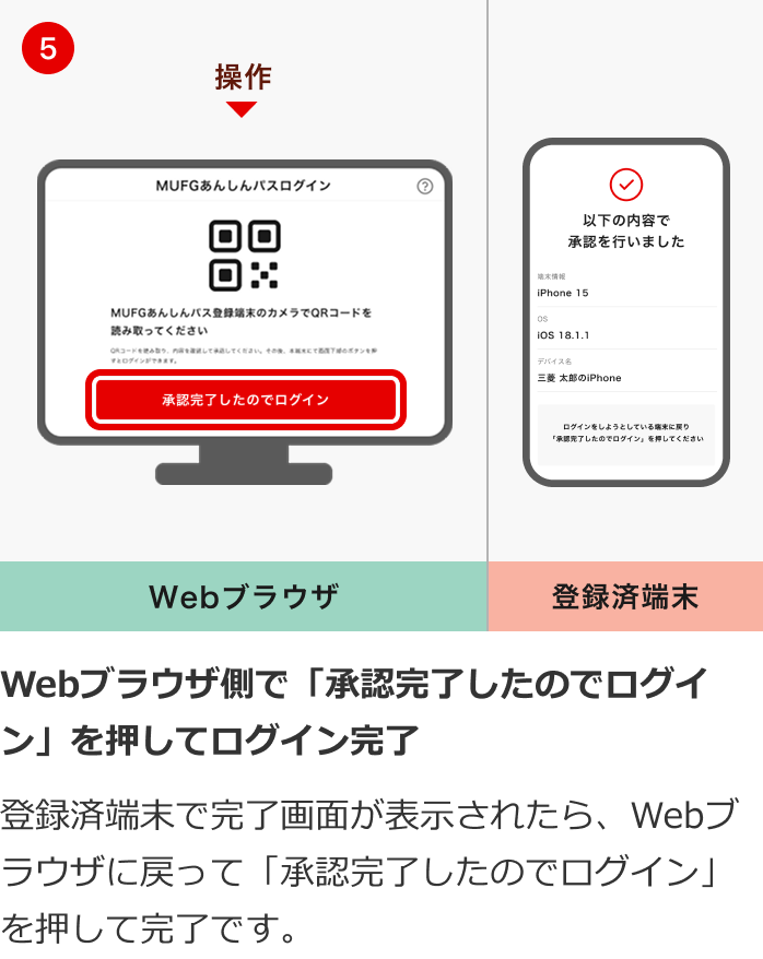 Webブラウザ側で「承認完了したのでログイン」を押してログイン完了 登録済端末で完了画面が表示されたら、Webブラウザに戻って「承認完了したのでログイン」を押して完了です。