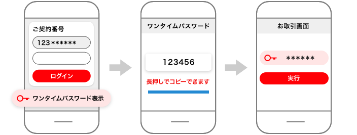 アプリを起動し、ログイン画面の【ワンタイムパスワード表示】から表示した番号を、お取引画面に入力